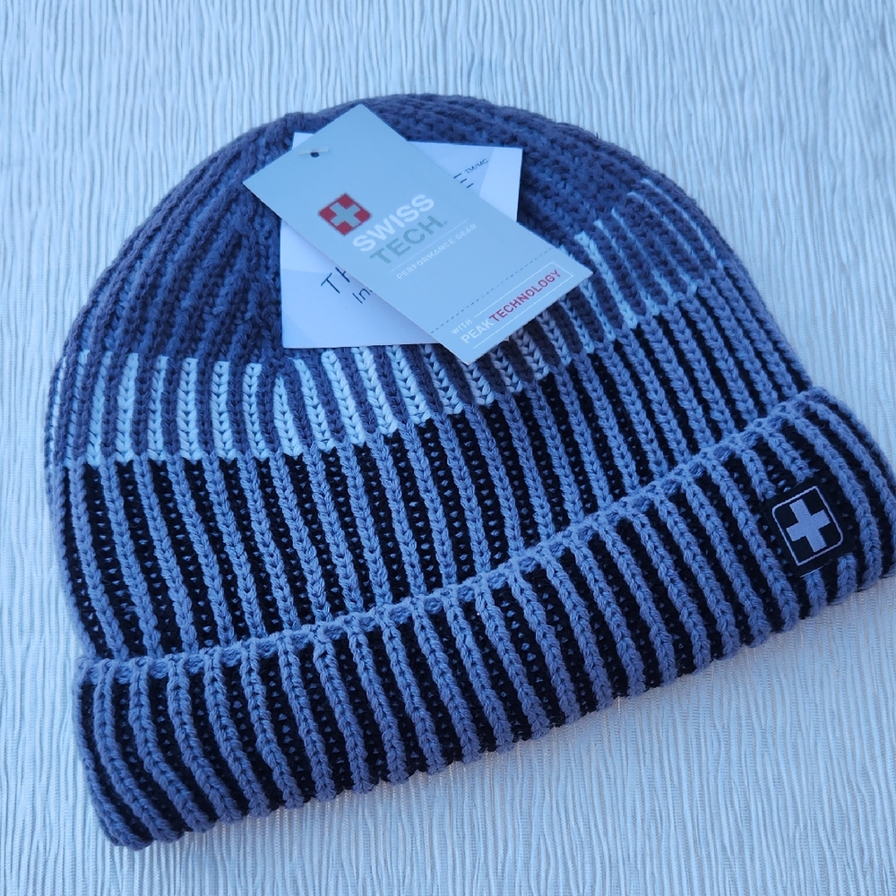 Swiss Tech Charcoal and Black Striped Beanie